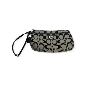 Coach Signature Canvas Wristlet Pouch with Turn Lock Gray Black Sliver